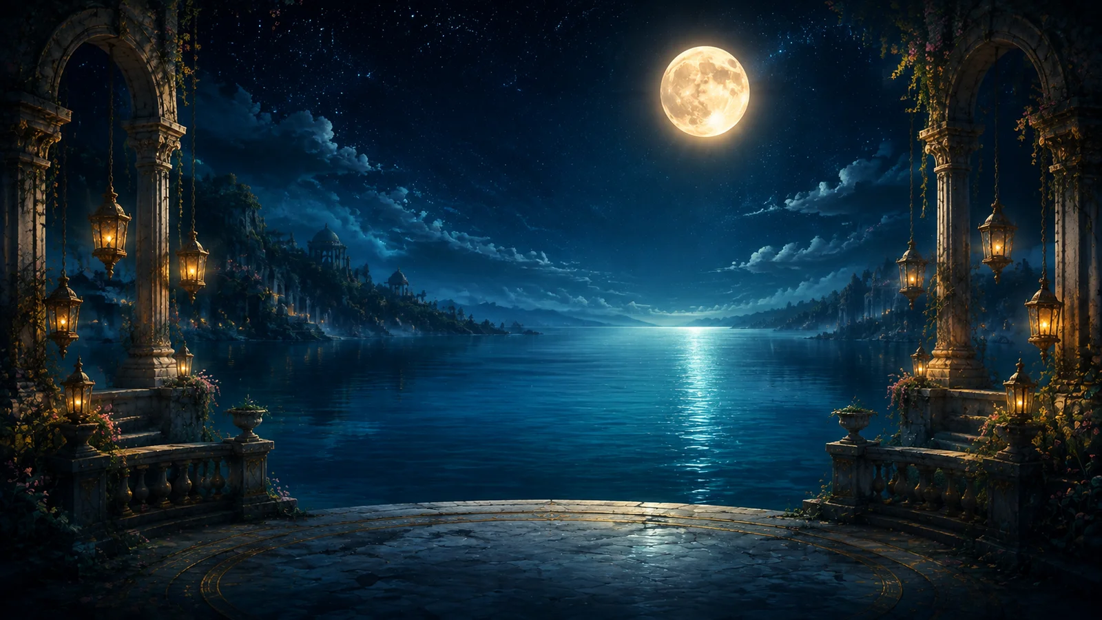 Moonlit ocean and the ruins of a drowned observatory